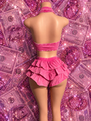 Pink two piece set in size small, medium, and large